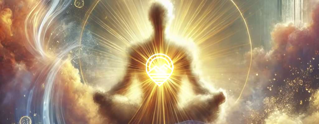 Figura meditativa rodeada de luz y energía celestial, representando la conexión con el propósito y la transformación personal.